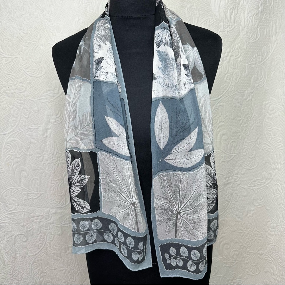 Elaine Gold for Collection XIIX Silk Oblong Blue Gray Leaves Scarf